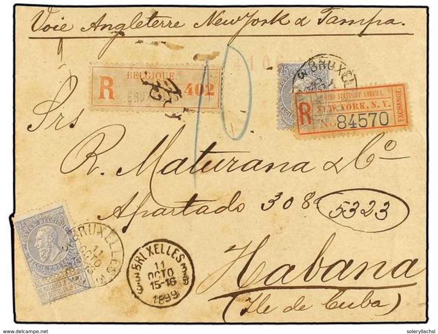 242 BELGICA. Of.60 (2). 1899. BRUXELLES To HABANA (Cuba). Envelope Franked With Two <B>25 Cts.</B> Blue Stamps, Sent Reg - Autres & Non Classés