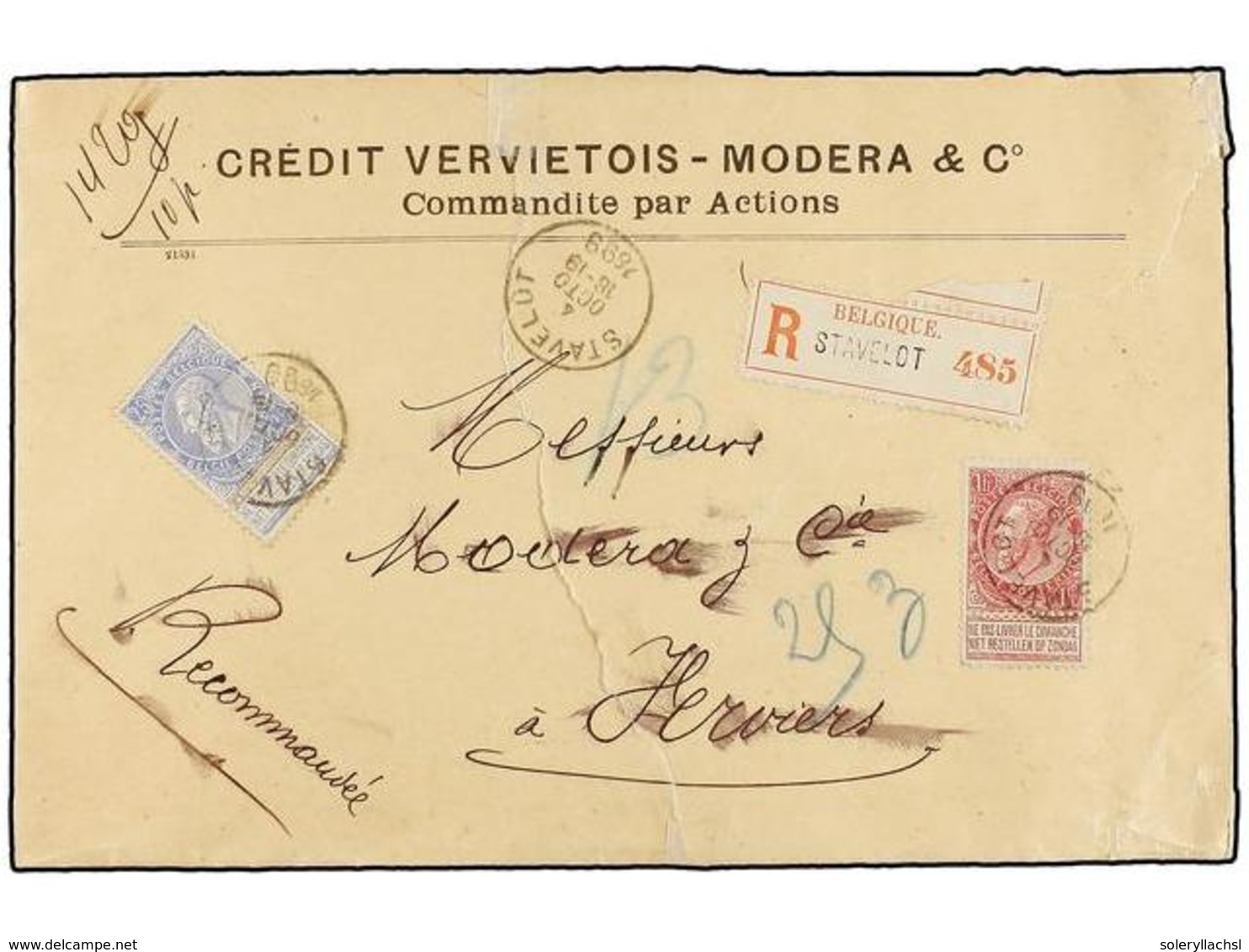 244 BELGICA. Of.60, 64. 1899. STAVELOT To VERVIERS. Envelope (vertical Break In The Front), Franked With <B>25 Cts.</B>  - Autres & Non Classés