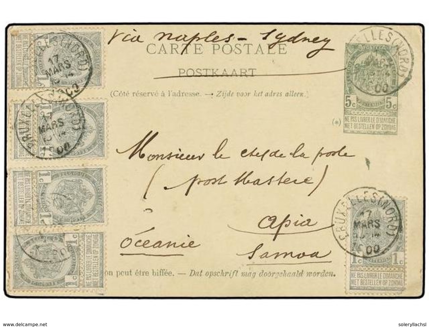 249 BELGICA. Of.53 (5). 1900. BRUXELLES To APIA (Samoa). <B>5 Cts.</B> Green Postal Stationery Card Uprated With Five <B - Autres & Non Classés