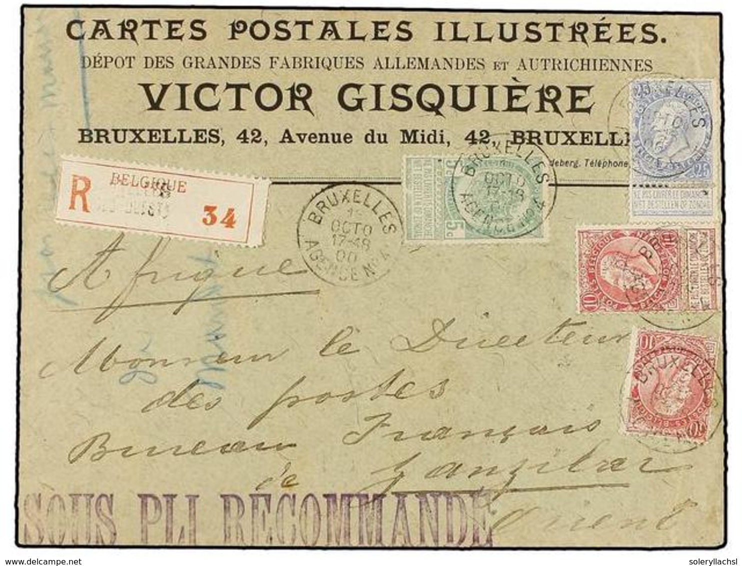 251 BELGICA. Of.56, 58 (2), 60. 1900. BRUXELLES To ZANZIBAR. Envelope Franked With <B>5 Cts. </B>green, Two <B>10 Cts.</ - Andere & Zonder Classificatie