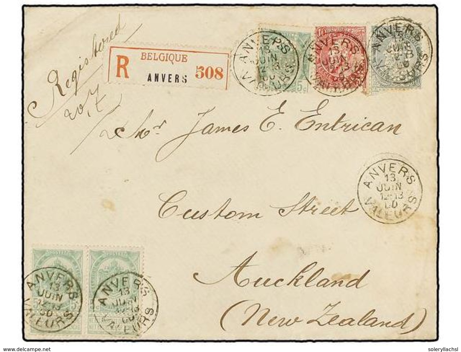 252 BELGICA. Of.56 (3), 58, 63. 1900. ANVERS To AUCKLAND (New Zealand). Envelope Franked With Three <B>5 Cts.</B> Green, - Autres & Non Classés