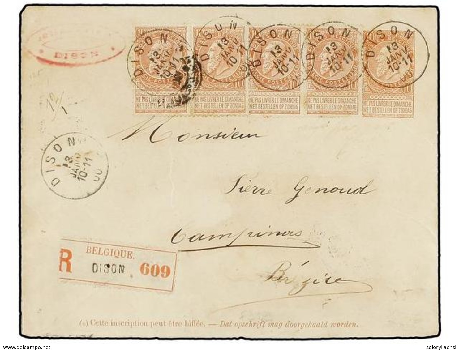 253 BELGICA. Of.57 (5). 1900. DISON To CAMPINAS (Brazil). <B>10 Cts.</B> Red-brown Envelope Uprated With Five <B>10 Cts. - Andere & Zonder Classificatie