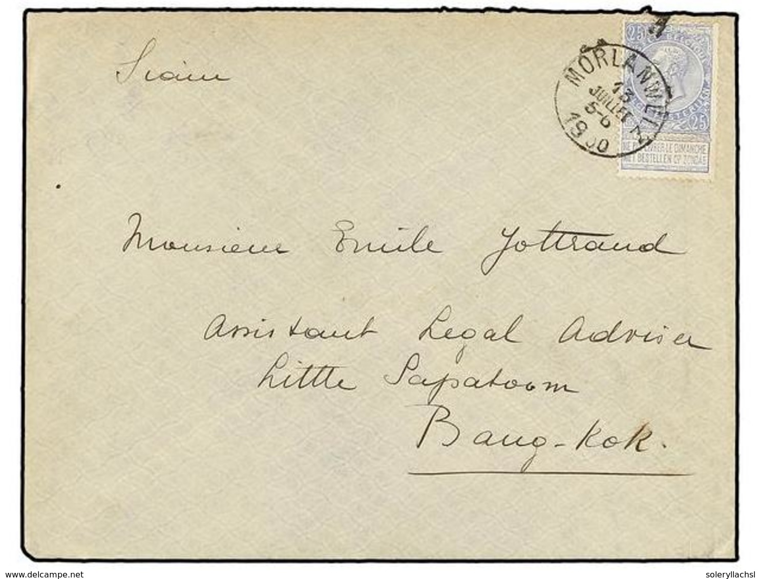 255 BELGICA. Of.60. 1900. MORLANWELZ To BANGKOK. Envelope Franked With <B>25 Cts. </B>blue Stamp. Arrival Cds. On Revers - Autres & Non Classés