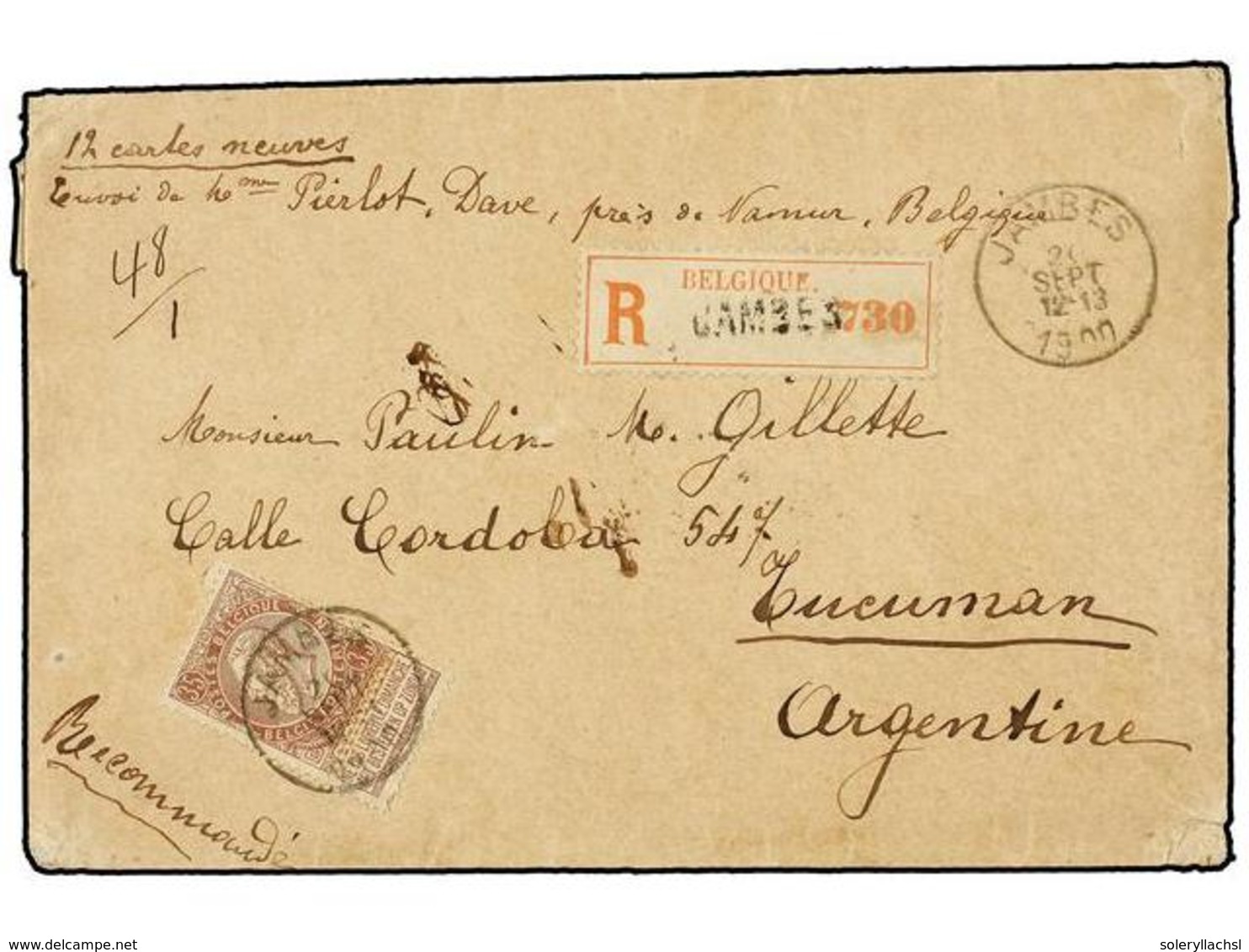 256 BELGICA. Of.61. 1900. JAMBES To TUCUMAN (Argentina). Envelope Franked With <B>35 Cts.</B> Brown Stamps, Sent Registe - Andere & Zonder Classificatie