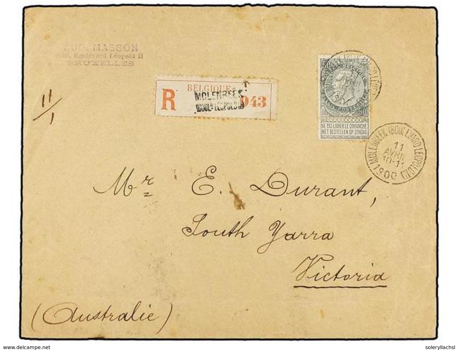 257 BELGICA. Of.63. 1900. MOLEMBEEK To VICTORIA (Australia). Envelope Franked With <B>50 Cts.</B> Grey Stamp, Sent Regis - Andere & Zonder Classificatie