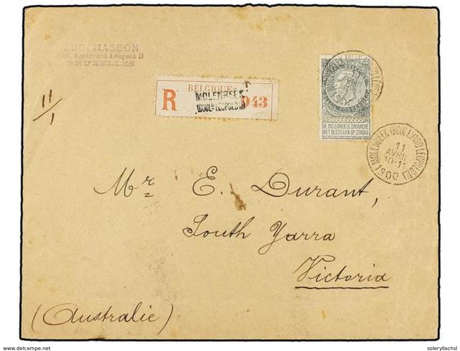 257 BELGICA. Of.63. 1900. MOLEMBEEK To VICTORIA (Australia). Envelope Franked With <B>50 Cts.</B> Grey Stamp, Sent Regis - Sonstige & Ohne Zuordnung