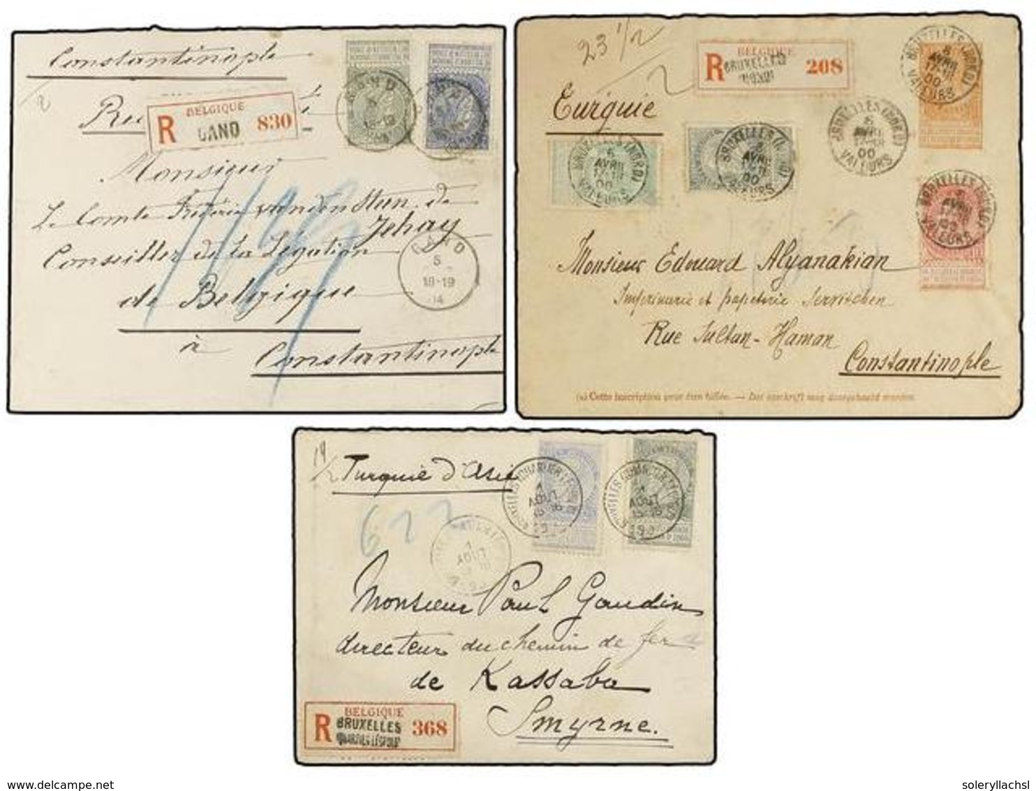 259 BELGICA. 1900-1904. THREE Registered Covers To TURKEY. <B>25+50 Cts. </B>(2) And <B>5+10+10+50 Cts.</B> Frankings. - Andere & Zonder Classificatie