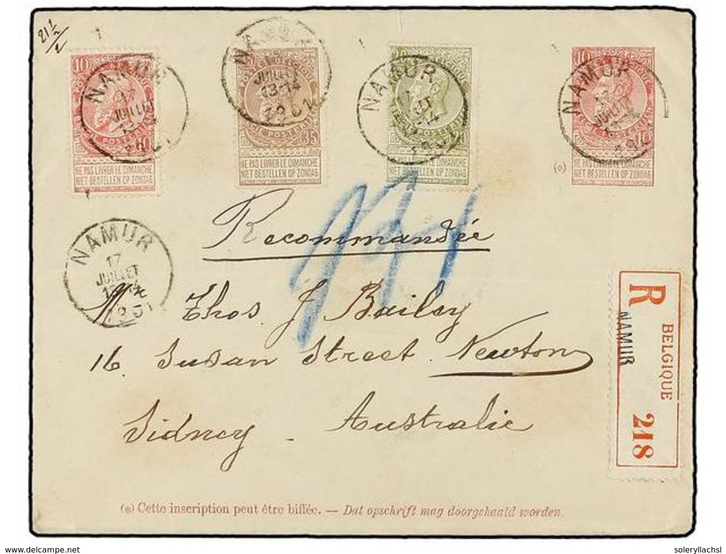 263 BELGICA. Of.58, 59, 61. 1901. NAMUR To SYDNEY (Australia). <B>10 Cts.</B> Red Postal Stationery Envelope Uprated Wit - Autres & Non Classés