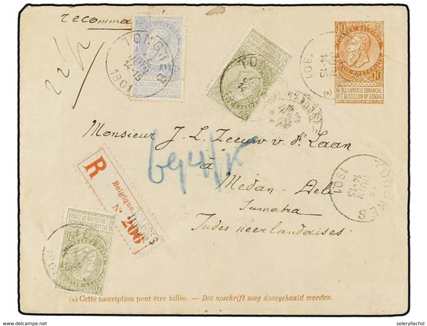 264 BELGICA. Of.59 (2), 60. 1901. TONGRES To SUMATRA (Netherland Indies). <B>10 Cts.</B> Red-brown Postal Stationery Env - Autres & Non Classés