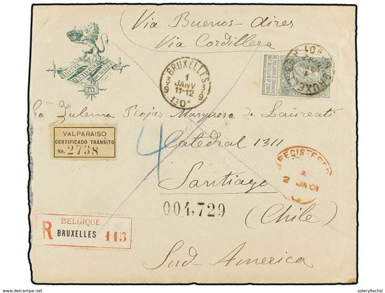 266 BELGICA. Of.63. 1901. BRUXELLES To CHILE. Envelope Franked With <B>50 Cts. </B>grey Stamp, Sent Registered Via Bueno - Andere & Zonder Classificatie