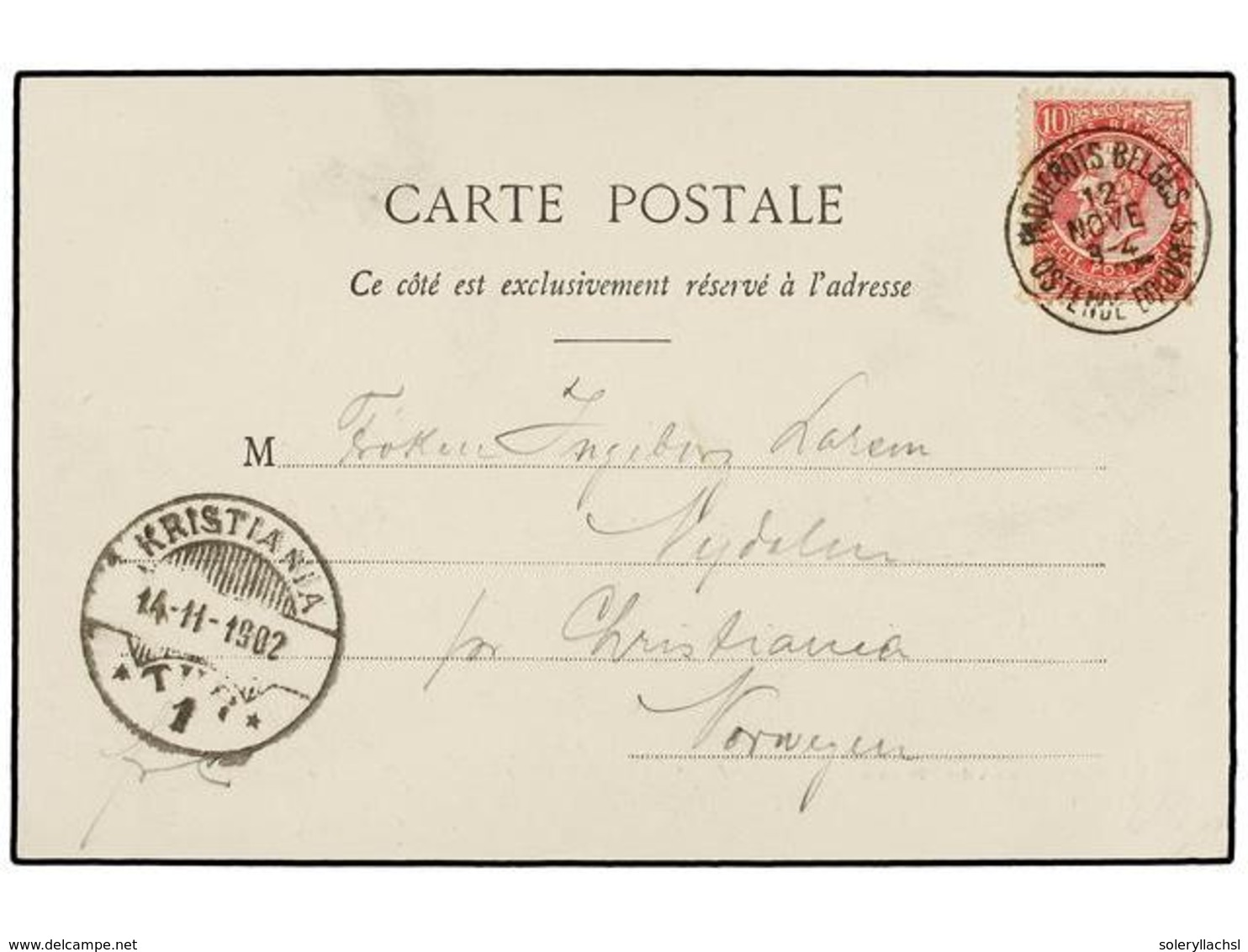 268 BELGICA. Of.46. 1902. OSTENDE To NORWAY. Postcard Franked With <B>10 Cts.</B> Red, Tied By <B>PAQUEBOTS BELGES/OSTEN - Sonstige & Ohne Zuordnung