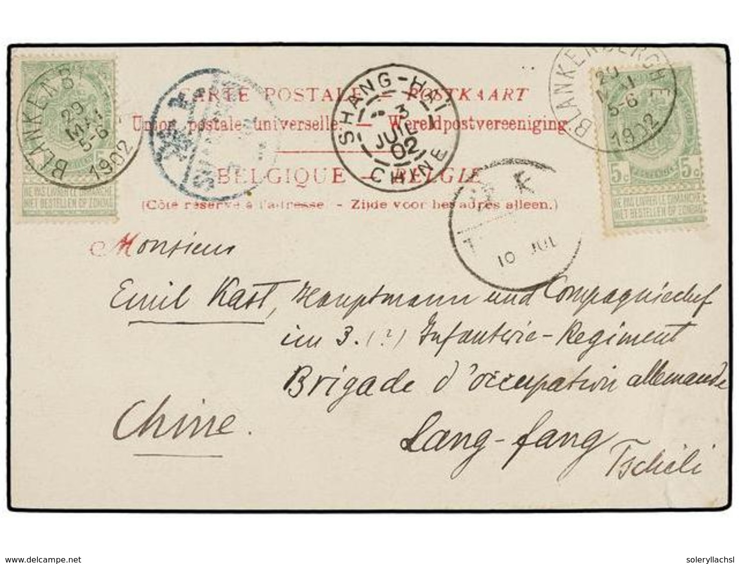 269 BELGICA. Of.56 (2). 1902. BLANKLABERCHE To LANG-LANG (China). Postcard Franked With Two <B>5 Cts.</B> Green Stamps. - Autres & Non Classés