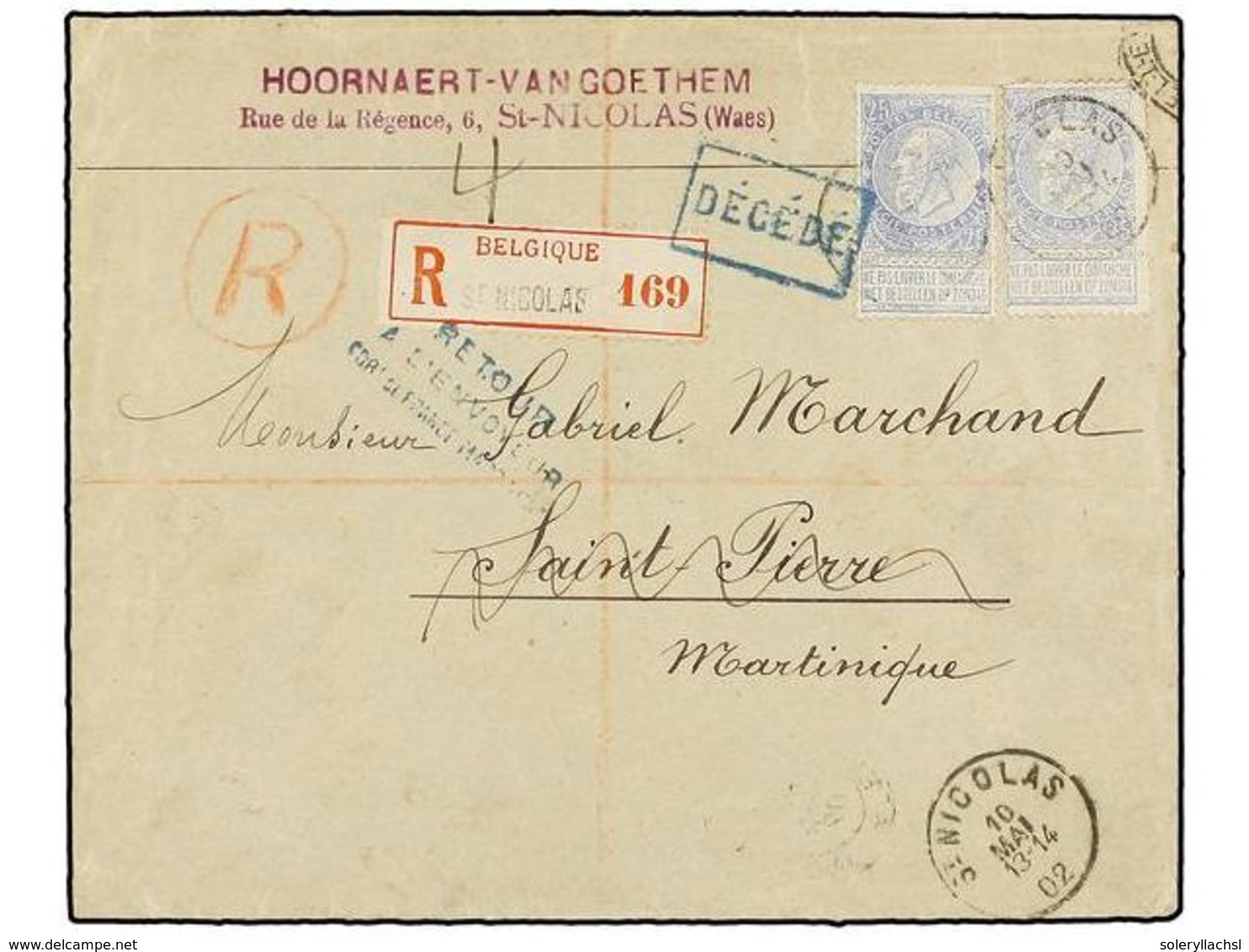 270 BELGICA. Of.60 (2). 1902. SAINT NICOLAS To SAINT PIERRE (Martinique Islands). Envelope Franked With Two <B>25 Cts.</ - Sonstige & Ohne Zuordnung