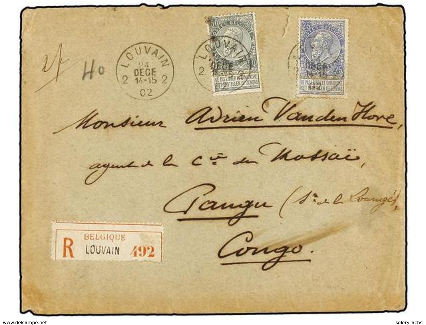 271 BELGICA. Of.60, 63. 1902. LOUVAIN To PANGU (Congo). Envelope Franked With <B>25 Cts.</B> Blue And <B>50 Cts.</B> Gre - Autres & Non Classés