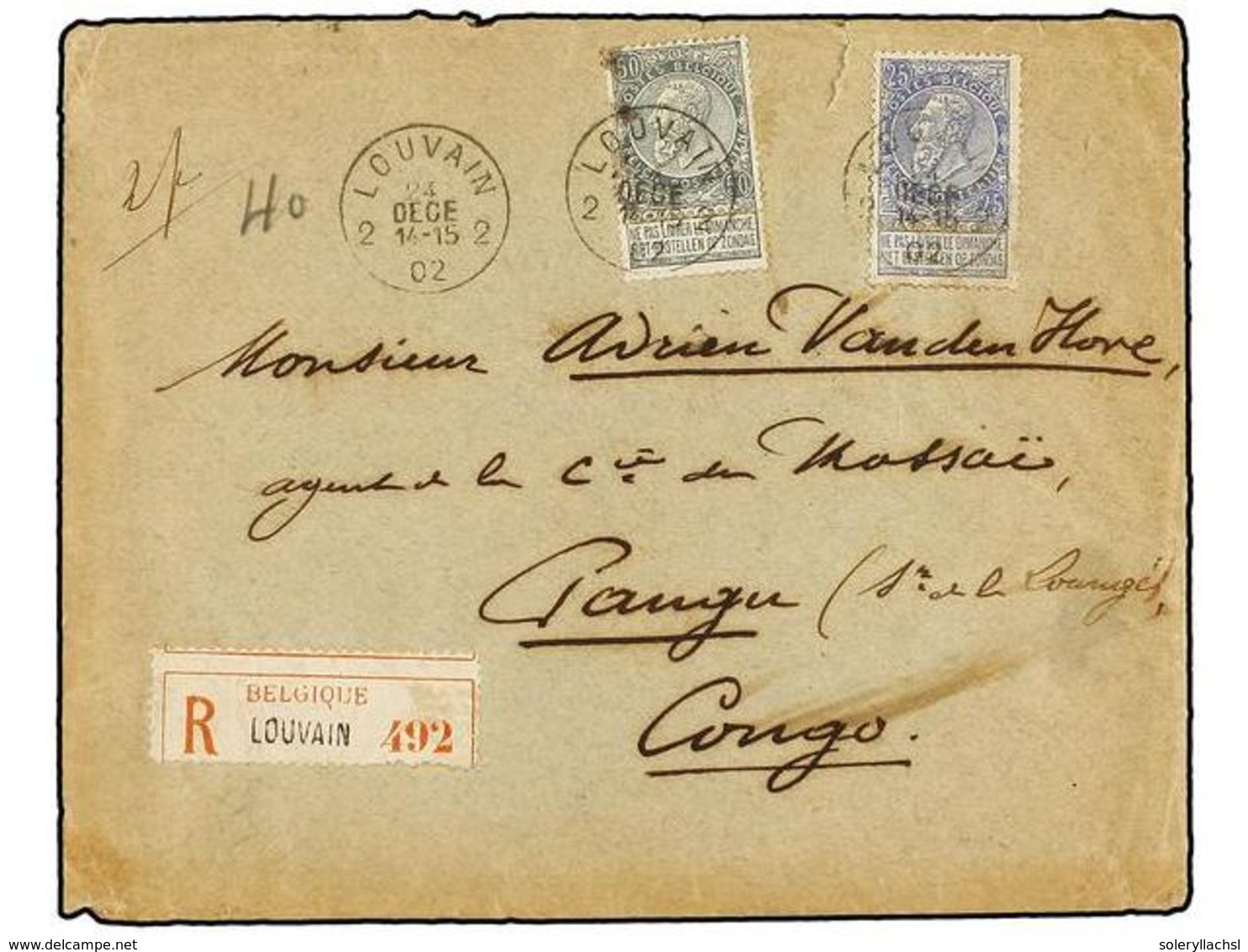 271 BELGICA. Of.60, 63. 1902. LOUVAIN To PANGU (Congo). Envelope Franked With <B>25 Cts.</B> Blue And <B>50 Cts.</B> Gre - Sonstige & Ohne Zuordnung