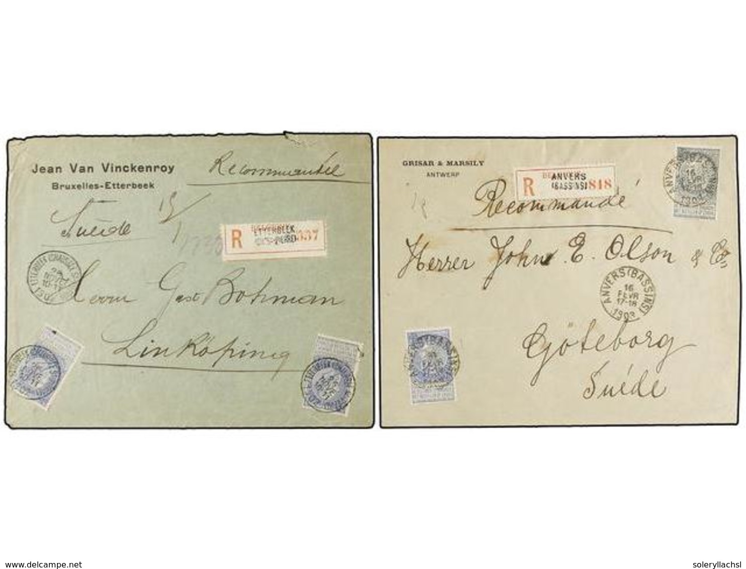 273 BELGICA. 1902-03. TWO Registered Covers To SWEDEN. <B>25+25 Cts.</B> And <B>25+50 Cts.</B> Frankings. - Andere & Zonder Classificatie