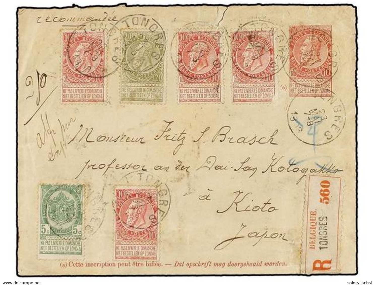 275 BELGICA. Of.56, 58 (4), 59. 1903. TONGRES To KIOTO (Japan). <B>10 Cts.</B> Red Postal Stationery Envelope Uprated Wi - Sonstige & Ohne Zuordnung