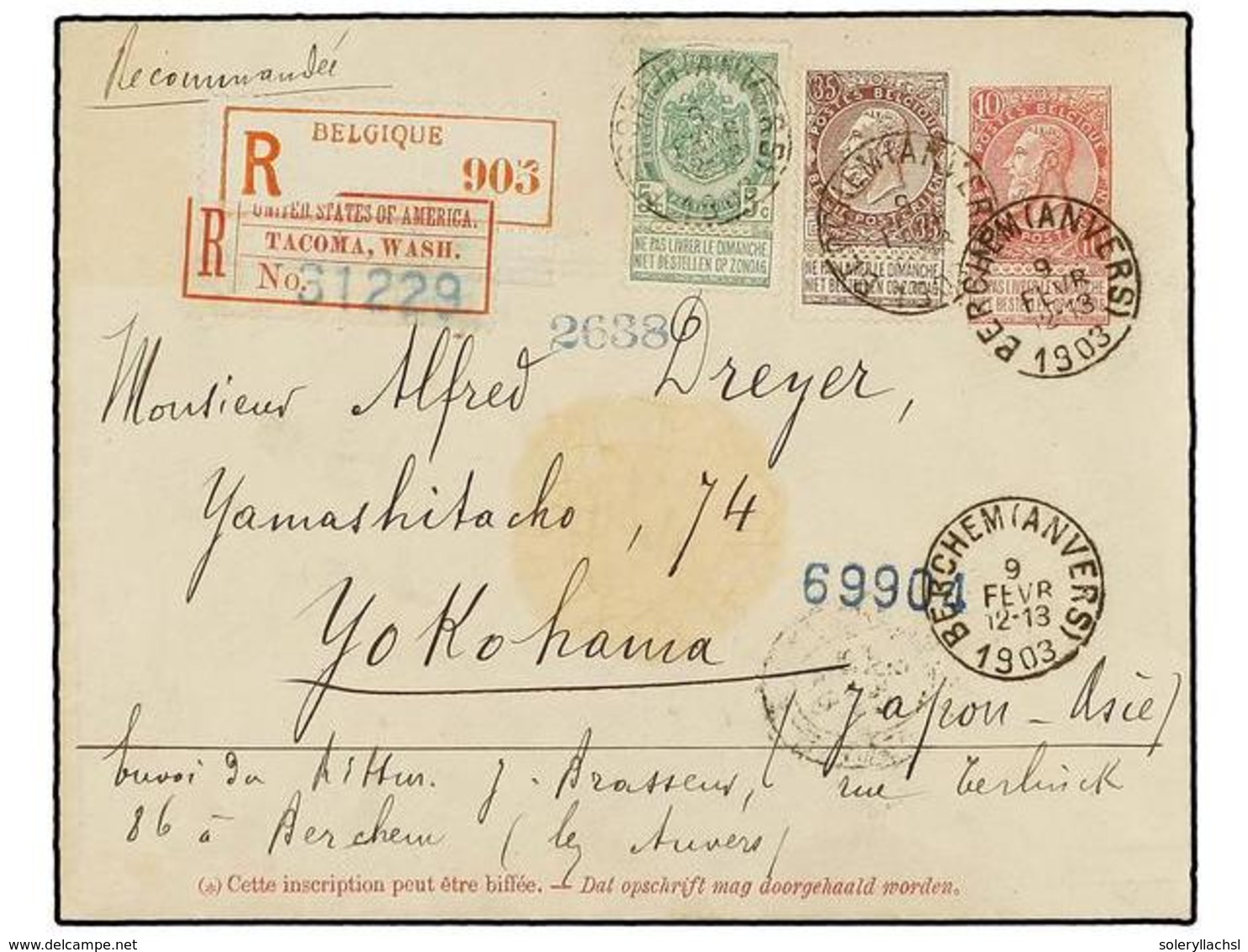 276 BELGICA. Of.56, 61. 1903. BERCHEM To YOKOHAMA (Japan). <B>10 Cts.</B> Rose Postal Stationery Envelope, Uprated With  - Andere & Zonder Classificatie