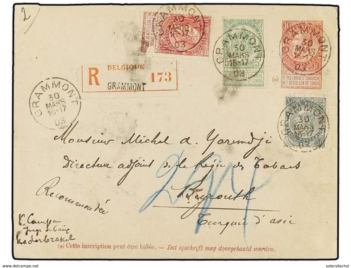 277 BELGICA. Of.56, 58, 63. 1903. GRAMMONT To BEYROUTH (Syrie). <B>10 Cts.</B> Red Postal Stationery Envelope Uprated Wi - Autres & Non Classés