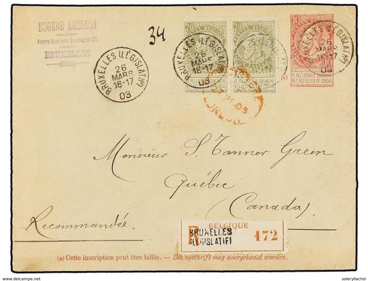 278 BELGICA. Of.59 (2). 1903. BRUXELLES To CANADA. <B>10 Cts.</B> Red Postal Stationery Envelope Uprated With Two <B>20  - Andere & Zonder Classificatie