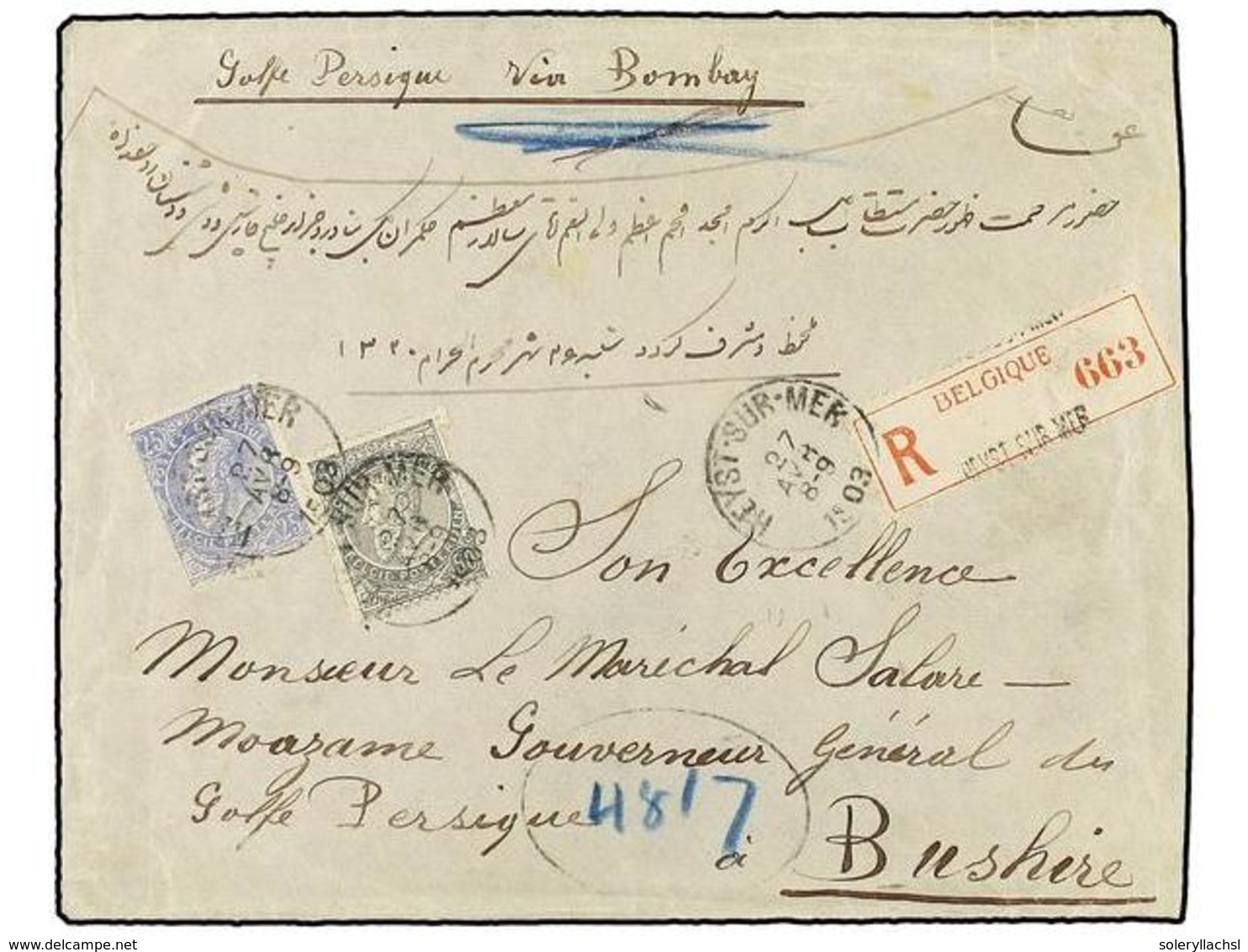 280 BELGICA. Of.60, 63. 1903. HEYST SUR MERE To BUSHIRE (Persian Gulf). Envelope Franked With <B>25 Cts.</B> Blue And <B - Andere & Zonder Classificatie