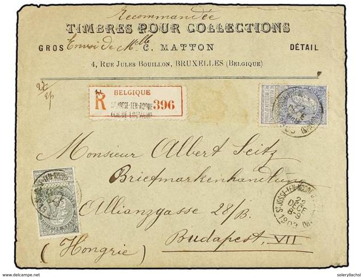 281 BELGICA. Of.60, 63. 1903. BRUXELLES To BUDAPEST (Hungary). Envelope Franked With <B>25 Cts.</B> Blue And <B>50 Cts.< - Sonstige & Ohne Zuordnung