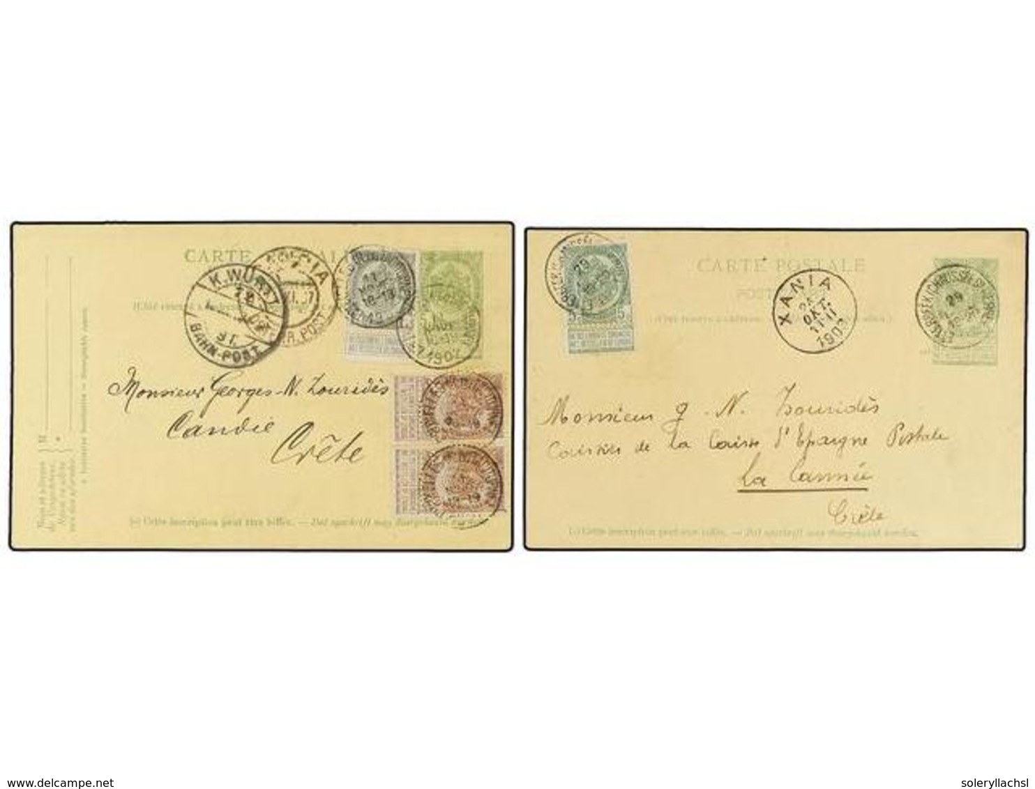 285 BELGICA. 1903-1907. TWO Cards To CRETE. - Andere & Zonder Classificatie