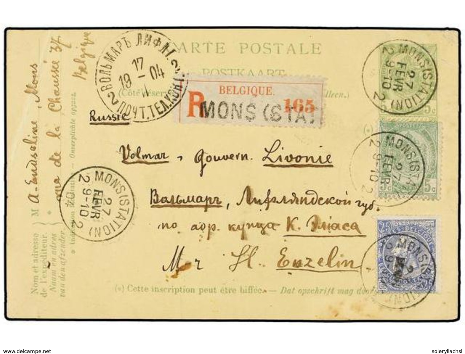 287 BELGICA. Of.56, 60. 1904. MONS To RUSSIA. <B>5 Cts.</B> Green Postal Stationery Card Uprated With <B>5 Cts.</B> Gree - Andere & Zonder Classificatie