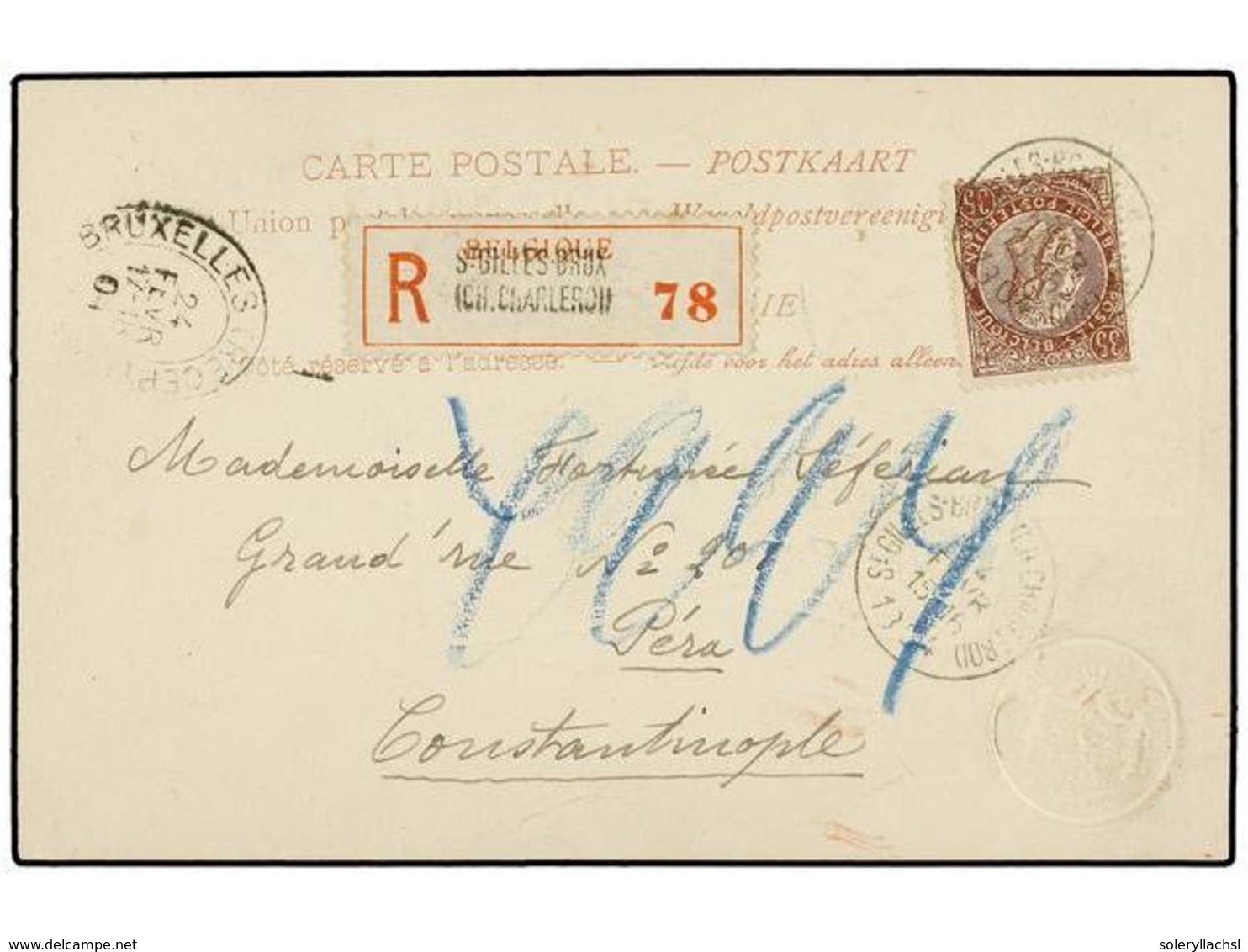 288 BELGICA. Of.61. 1904. SAINT GILLES To CONSTANTINOPLE (Turkey). Postcard Franked With <B>35 Cts.</B> Brown Stamp, Sen - Andere & Zonder Classificatie