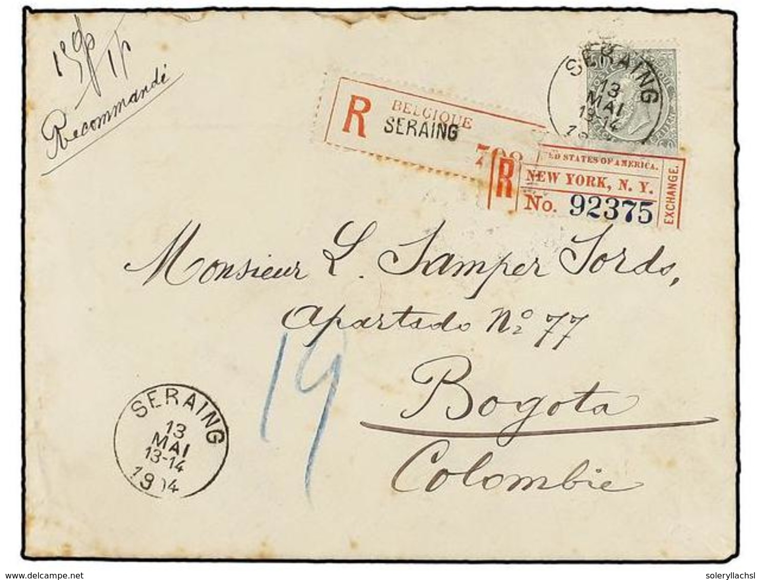 289 BELGICA. Of.63. 1904. SERAING To BOGOTA (Colombia). Envelope Franked With <B>50 Cts.</B> Grey, Sent Registered. Arri - Andere & Zonder Classificatie