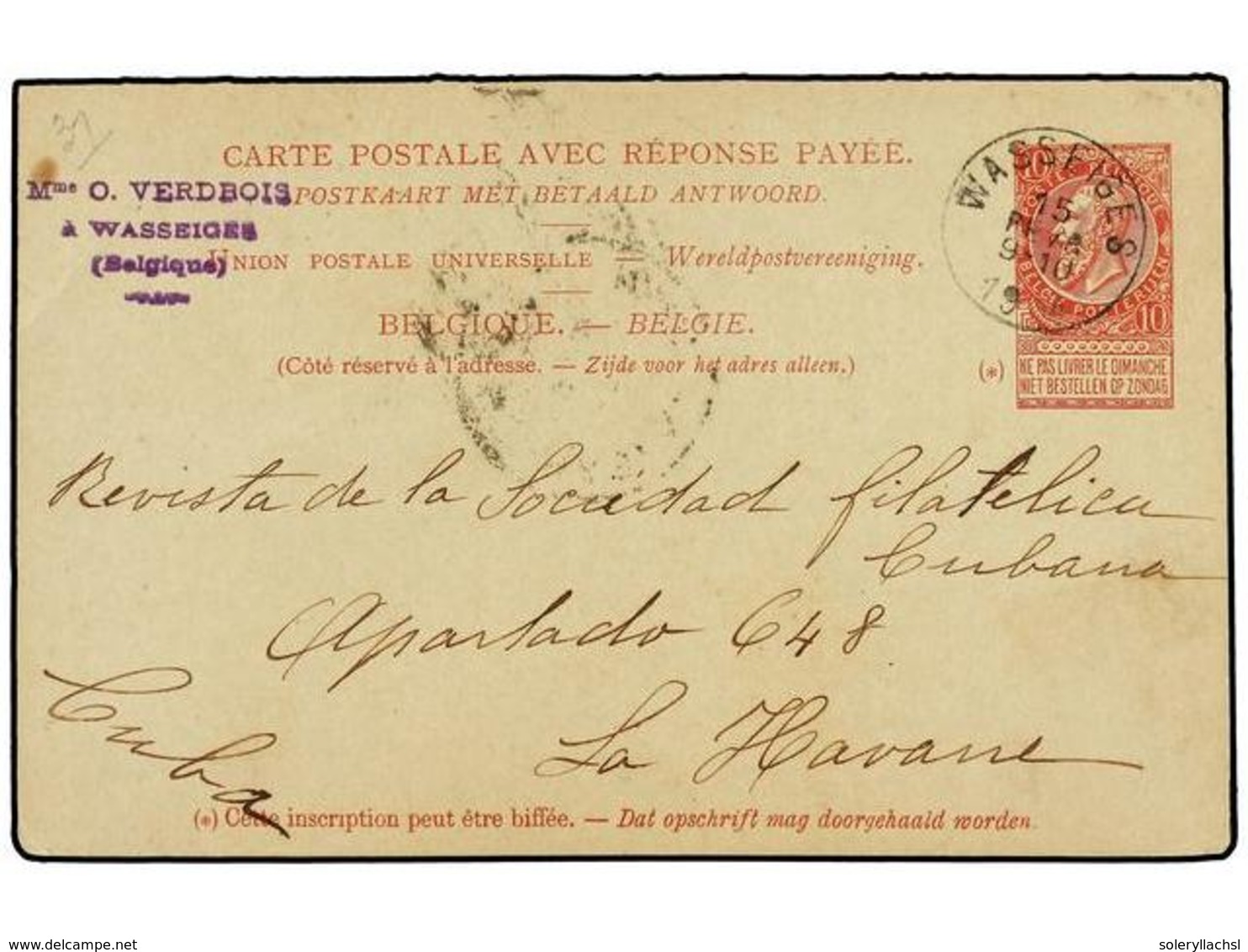 291 BELGICA. 1904. WASSEIGES To LA HAVANA (Cuba). <B>10 + 10 Cts.</B> Rose Postal Stationery Card, Arrival Cds On Revers - Autres & Non Classés