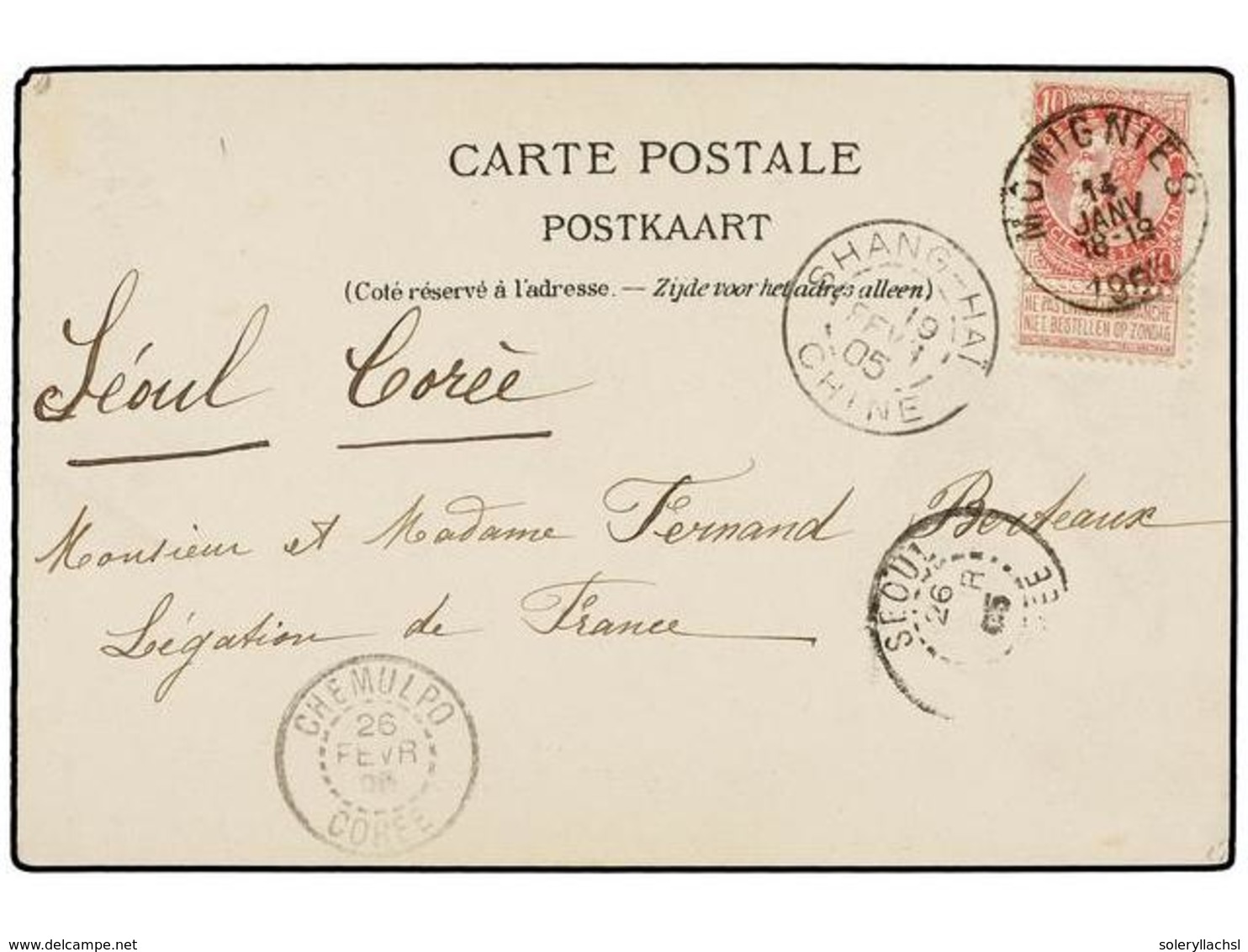 292 BELGICA. Of.58. 1905. MOMIGNIES To SEOUL (Korea). Postcard Franked With <B>10 Cts.</B> Rose Stamp, Transit From Shan - Andere & Zonder Classificatie