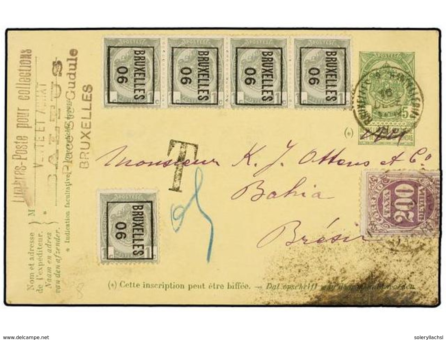 296 BELGICA. 1906. BRUXELLES To BAHIA (Brazil). <B>5 Cts.</B> Green Postal Stationery Envelope Uprated With Five 'Pre-Ob - Andere & Zonder Classificatie