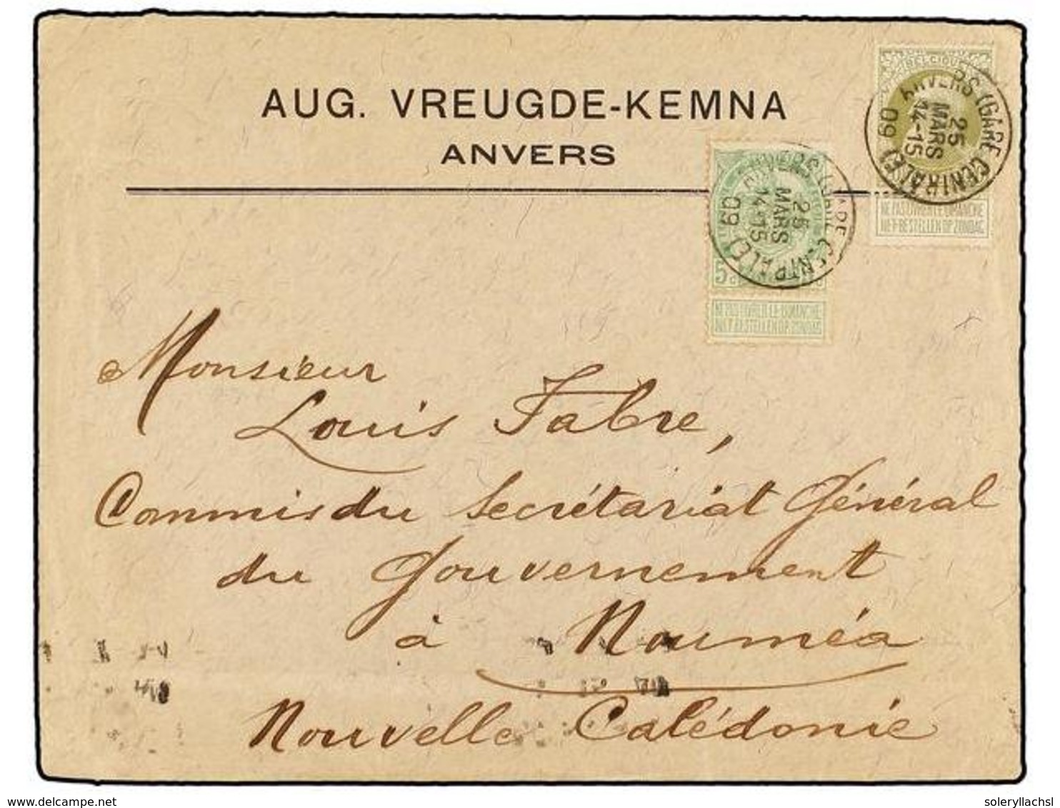 305 BELGICA. Of.56, 75. 1909. ANVERS To NOUMEA (New Caledonia). Envelope Franked With <B>5 Cts.</B> Green And <B>20 Cts. - Sonstige & Ohne Zuordnung