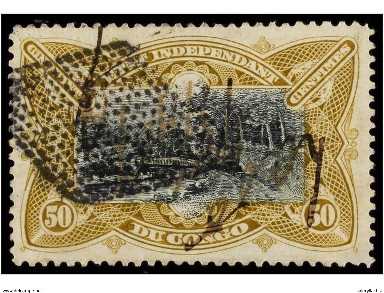 310 CONGO BELGA. <B>LADO-ENCLAVE. 50 Cts.</B> Belgian Congo Stamp With Manuscript Cancel And <I>'retta'</I> Grill Cancel - Autres & Non Classés