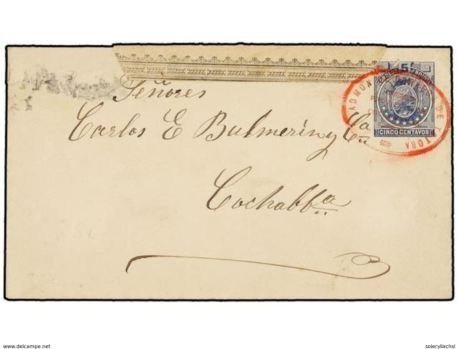 314 BOLIVIA. (1890 CA.). Entero Postal De <B>5 Ctvos.</B> Dirigido A COCHABAMBA, Mat. Ovalado <B>ADMON. DE CORREOS DE TO - Autres & Non Classés