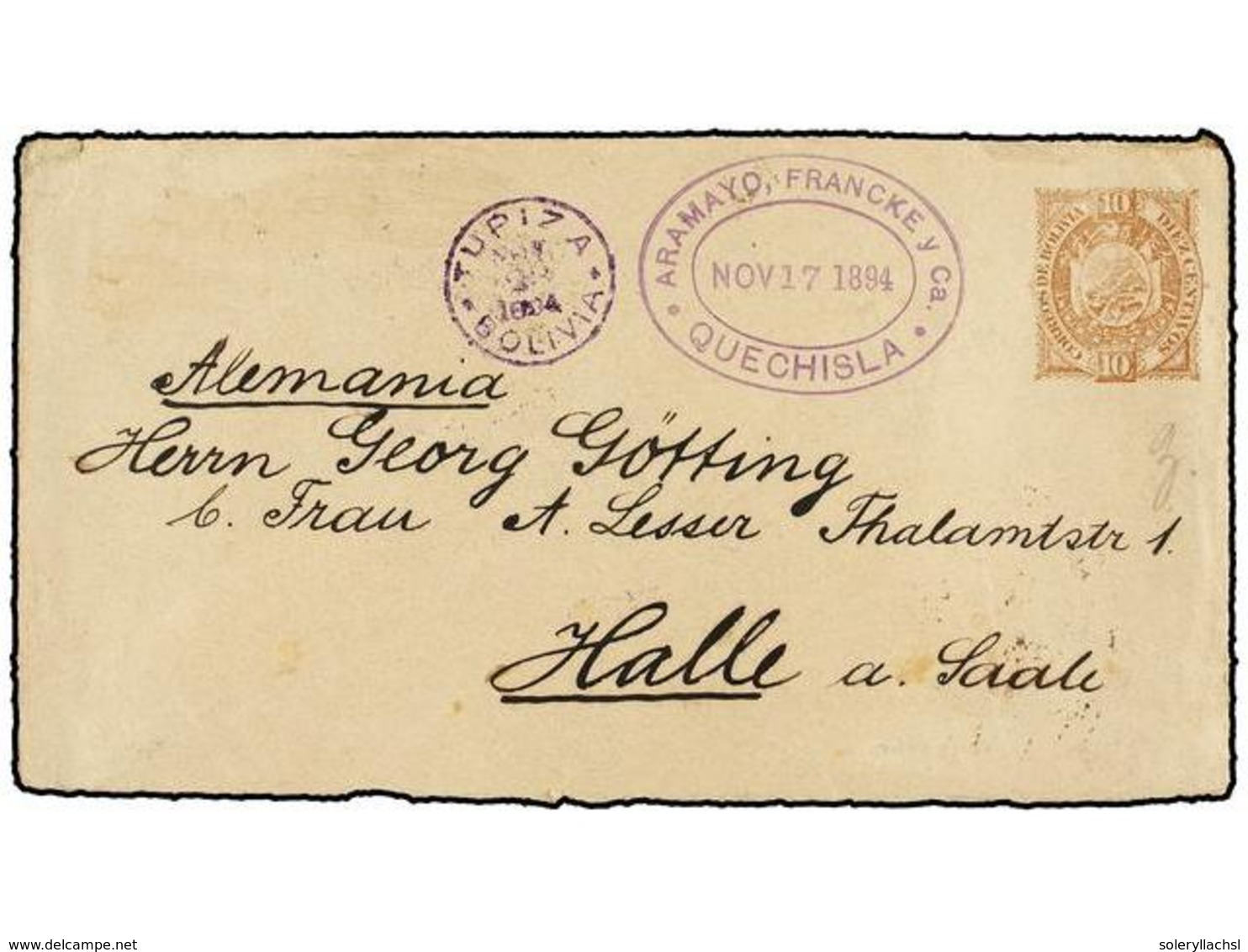 315 BOLIVIA. 1894. CHOROLQUE A ALEMANIA. Entero Postal De <B>10 Cts.</B> Circulado Vía QUECHISLA Y TUPIZA, Llegada Al Do - Andere & Zonder Classificatie