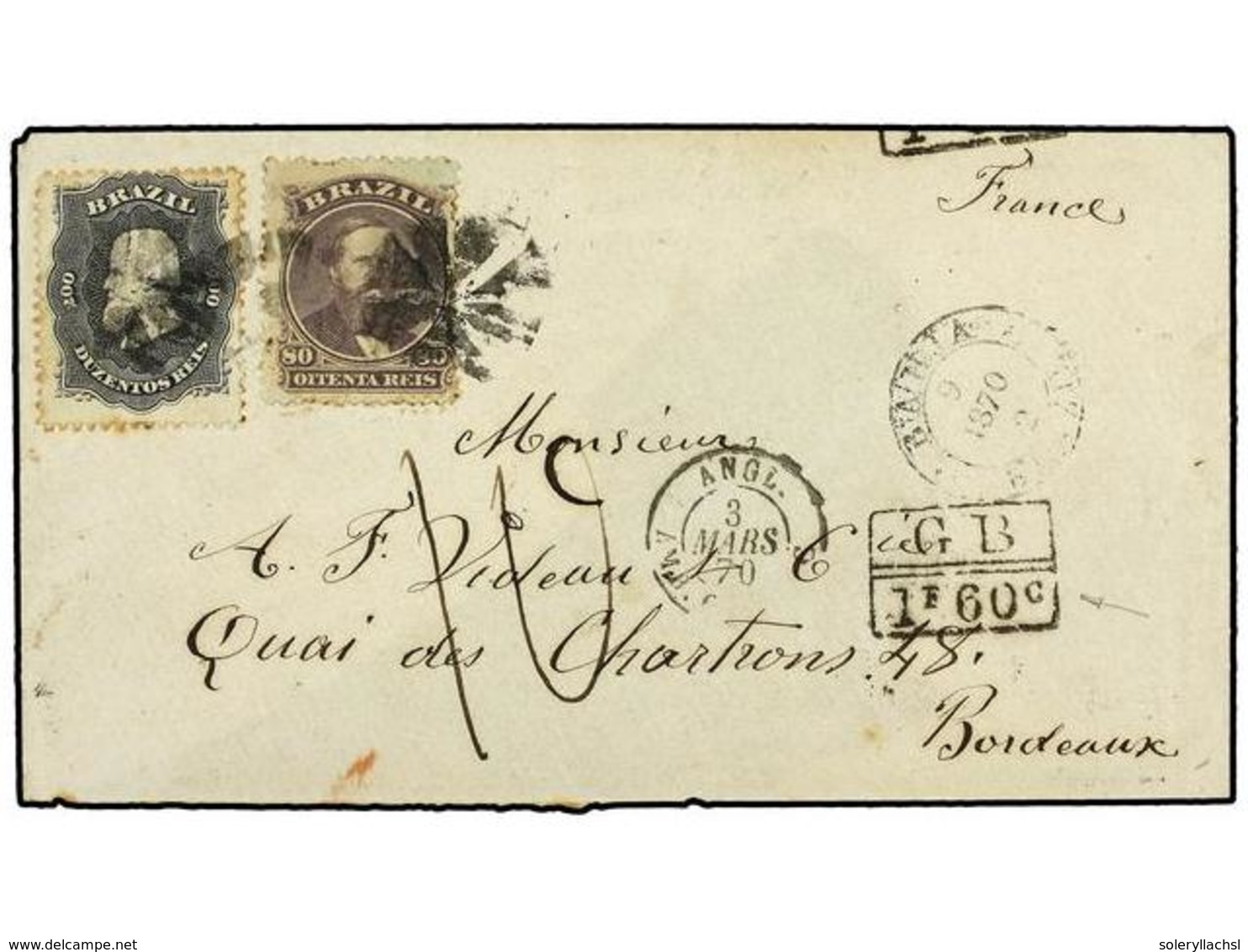 322 BRASIL. Sc.57a, 59. 1870. BAHÍA A FRANCIA. <B>80 Reis </B>violeta (papel Azulado) Y <B>200 Reis</B> Negro. Circulada - Other & Unclassified