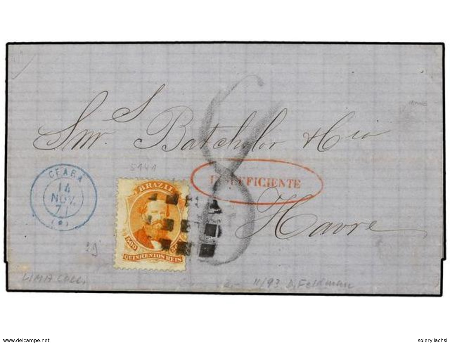 323 BRASIL. Sc.60. 1871. CEARA A FRANCIA. <B>500 Reis</B> Naranja, Mat. <B>CÍRCULO DE PUNTOS, </B>marca <B>INSUFFICIENTE - Sonstige & Ohne Zuordnung