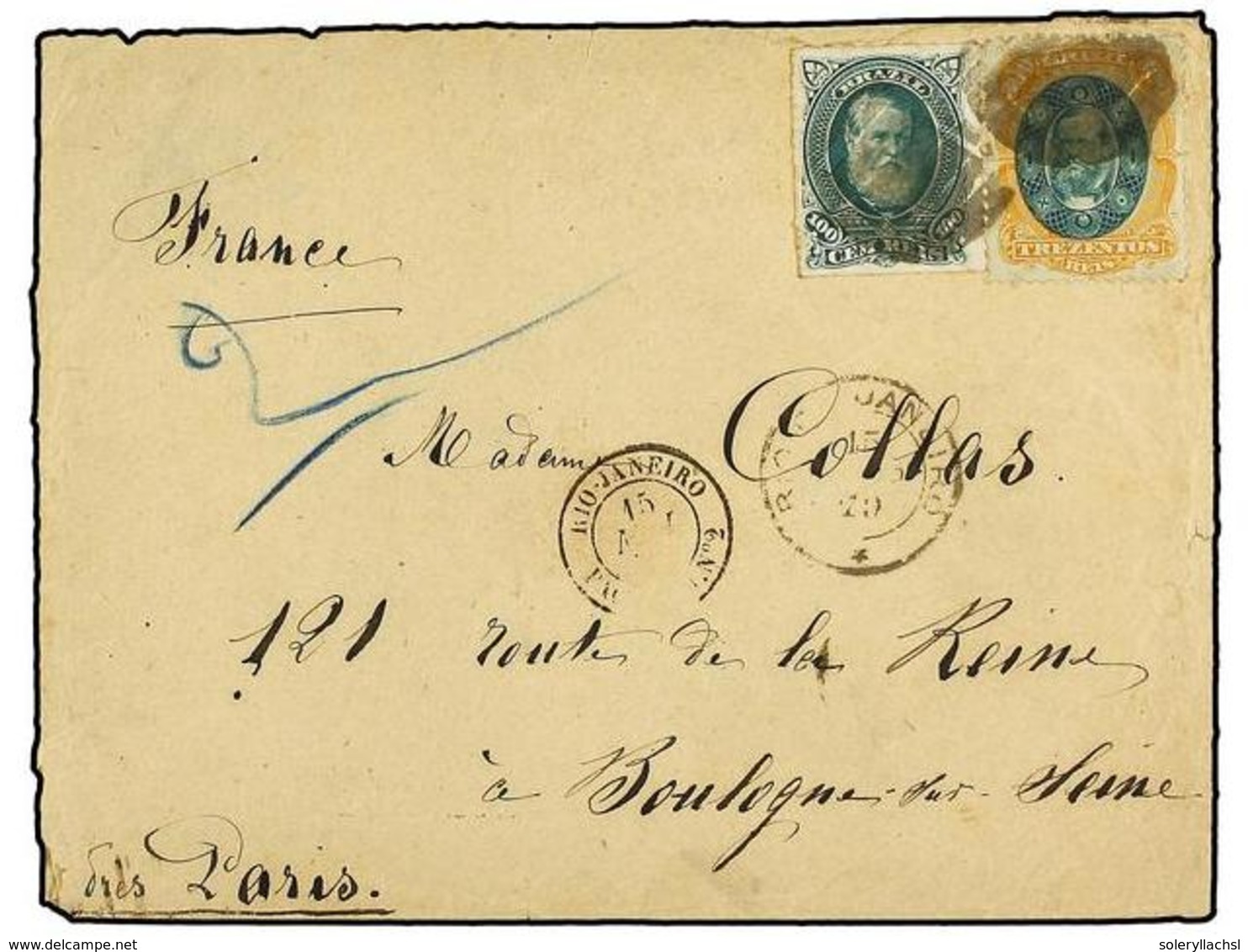 325 BRASIL. Sc.72, 78. 1879. RÍO DE JANEIRO A FRANCIA. <B>100 Reis</B> Verde Y <B>300 Reis</B> Naranja Y Verde. - Autres & Non Classés