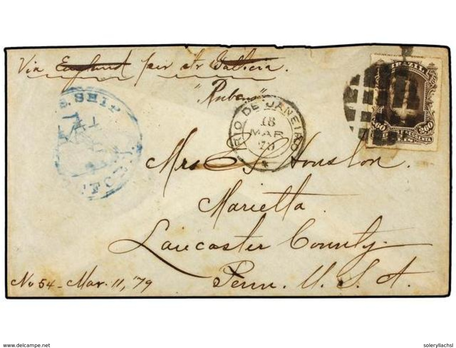 326 BRASIL. Sc.74. 1879. RIO DE JANEIRO A USA. <B>260 Reis</B> Castaño Sobre Preparado En Un Principio Para Viajar Via I - Andere & Zonder Classificatie