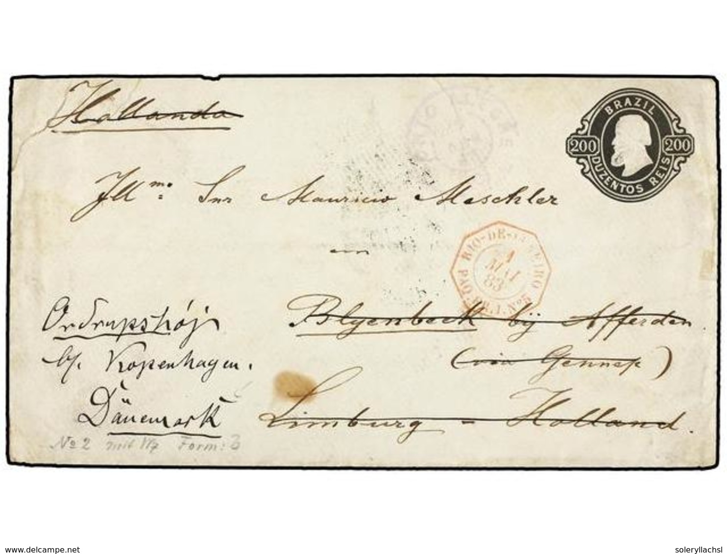 328 BRASIL. 1883. PORTO ALEGRE A HOLANDA Y Reexpedida A DINAMARCA. Entero Postal De <B>200 Reis</B> Negro, Fechador De < - Autres & Non Classés