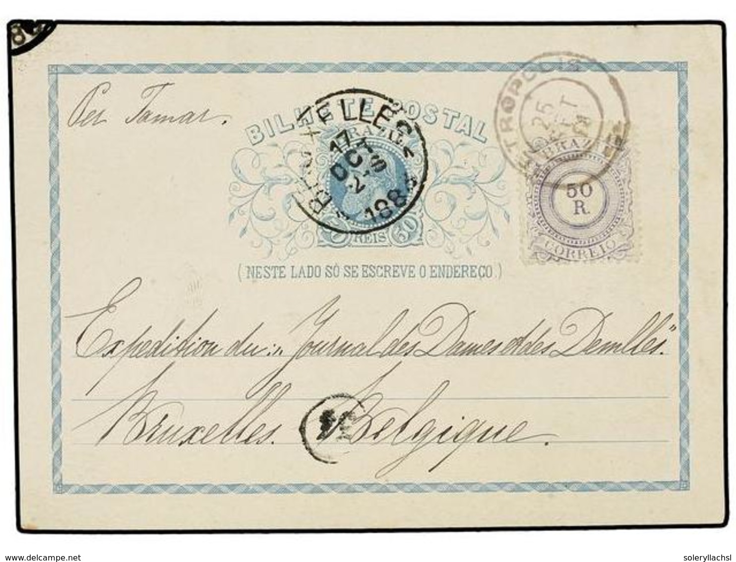 329 BRASIL. Sc.93. 1884. PETROPOLIS To BELGIUM. <B>40 Reis</B> Postal Stationary Uprated With <B>50 Reis</B> Stamp. - Autres & Non Classés