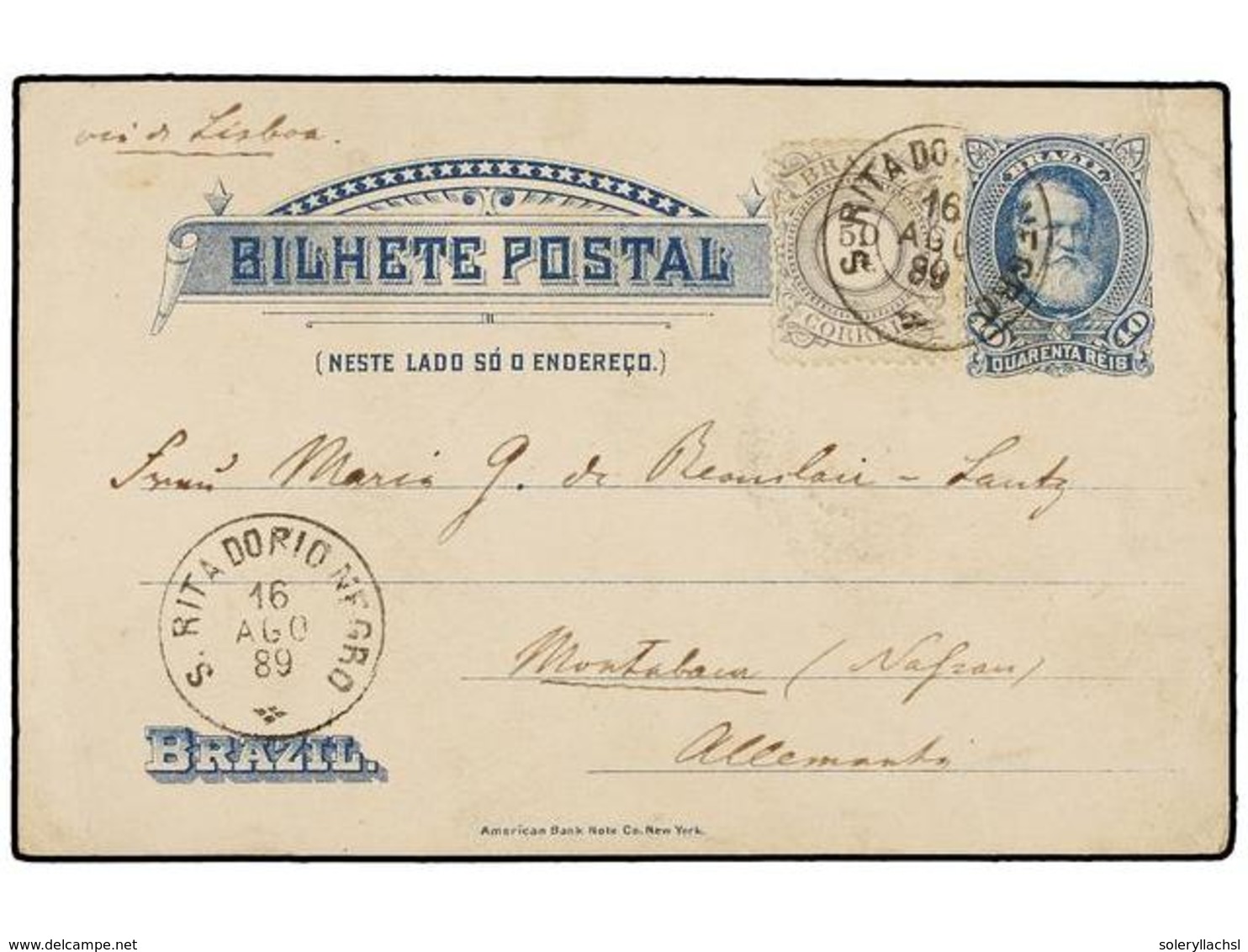 331 BRASIL. Sc.93. 1889. S. RITA DO RIO NEGRO To GERMANY. <B>40 Reis</B> Blue Postal Stationary Uprated With <B>50 Reis< - Other & Unclassified