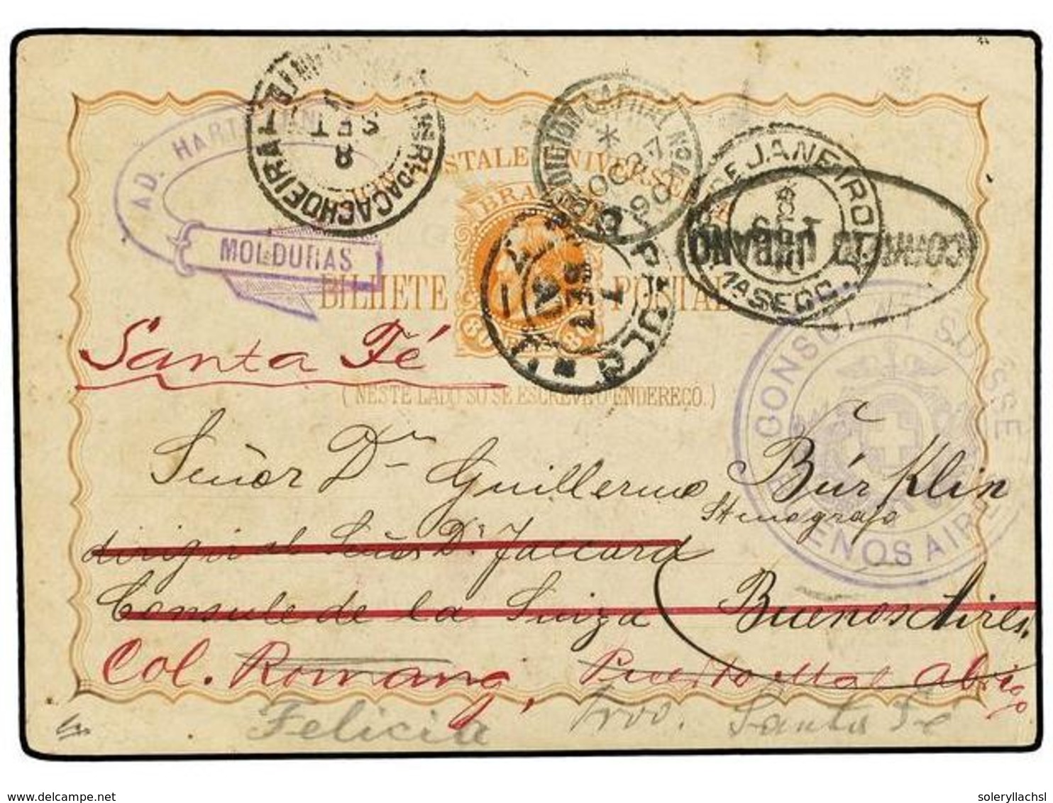 332 BRASIL. 1890 (Sept 7). <B>80r</B>. Orange Postal Stationery Card Used From Sao Paulo To Buenos Aires, Struck With Sw - Autres & Non Classés