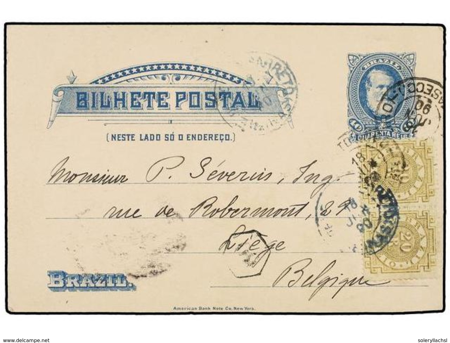 333 BRASIL. Sc.87a (2). 1890. MELLO BARRETO To BELGIUM. <B>40 Reis</B> Postal Stationary Uprated With Two <B>20 Reis</B> - Autres & Non Classés