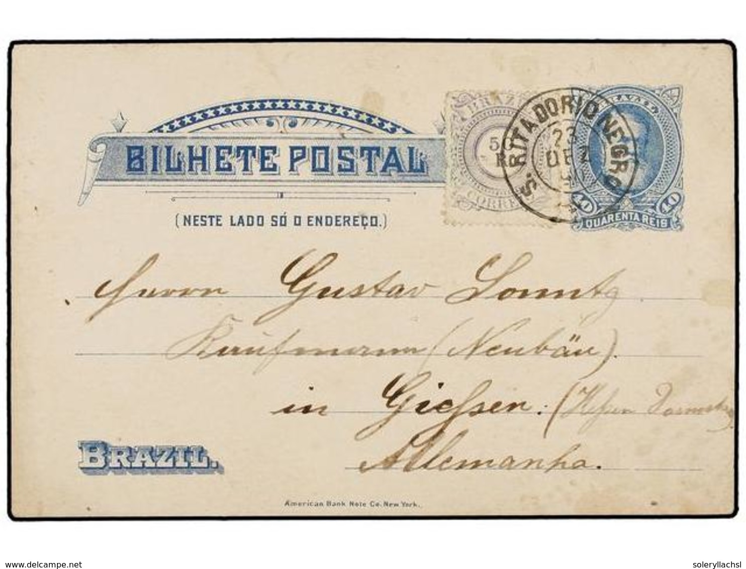 335 BRASIL. Sc.93. 1890. S. RITA DO RIO NEGRO To GERMANY. <B>40 Reis</B> Blue Postal Stationary Uprated With <B>50 Reis< - Autres & Non Classés