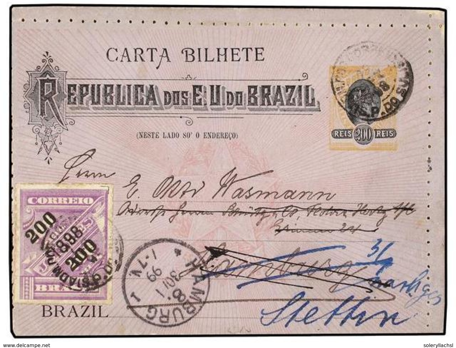 337 BRASIL. Sc.132. 1898. PORTO ALEGRE To GERMANY. <B>200 Reis</B> Ilustrated Postal Stationary Card Uprated With Provis - Other & Unclassified