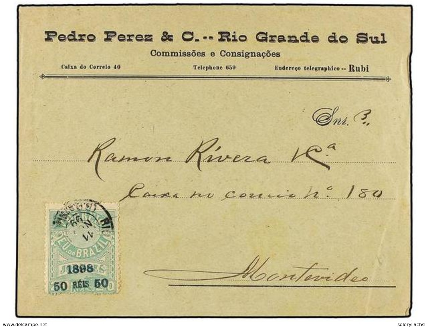 338 BRASIL. Sc.138. 1899. RÍO GRANDE A MONTEVIDEO. <B>50 Reis</B> <B>s. 20 Reis</B> Verde. RARO Sello En Carta. - Autres & Non Classés