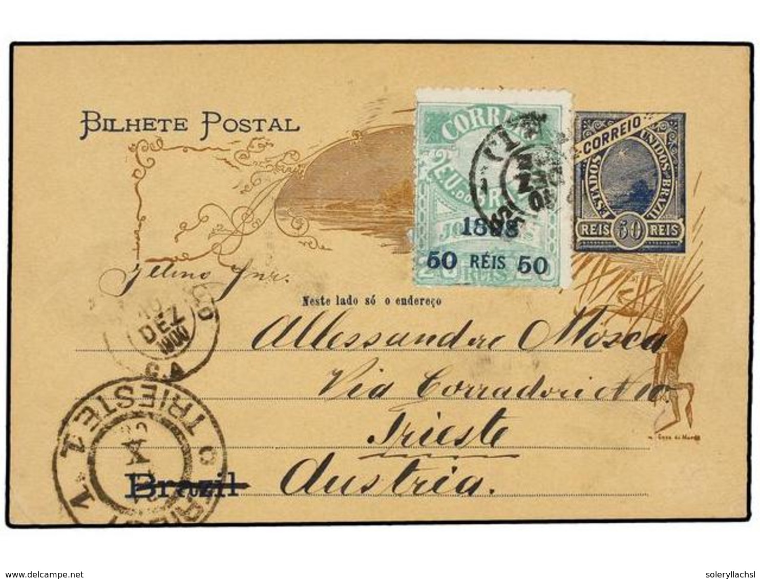 339 BRASIL. Sc.138. 1900. SANTOS To AUSTRIA. <B>50 Reis</B> Postal Stationary Card Uprated With Provisional <B>50 Reis O - Sonstige & Ohne Zuordnung